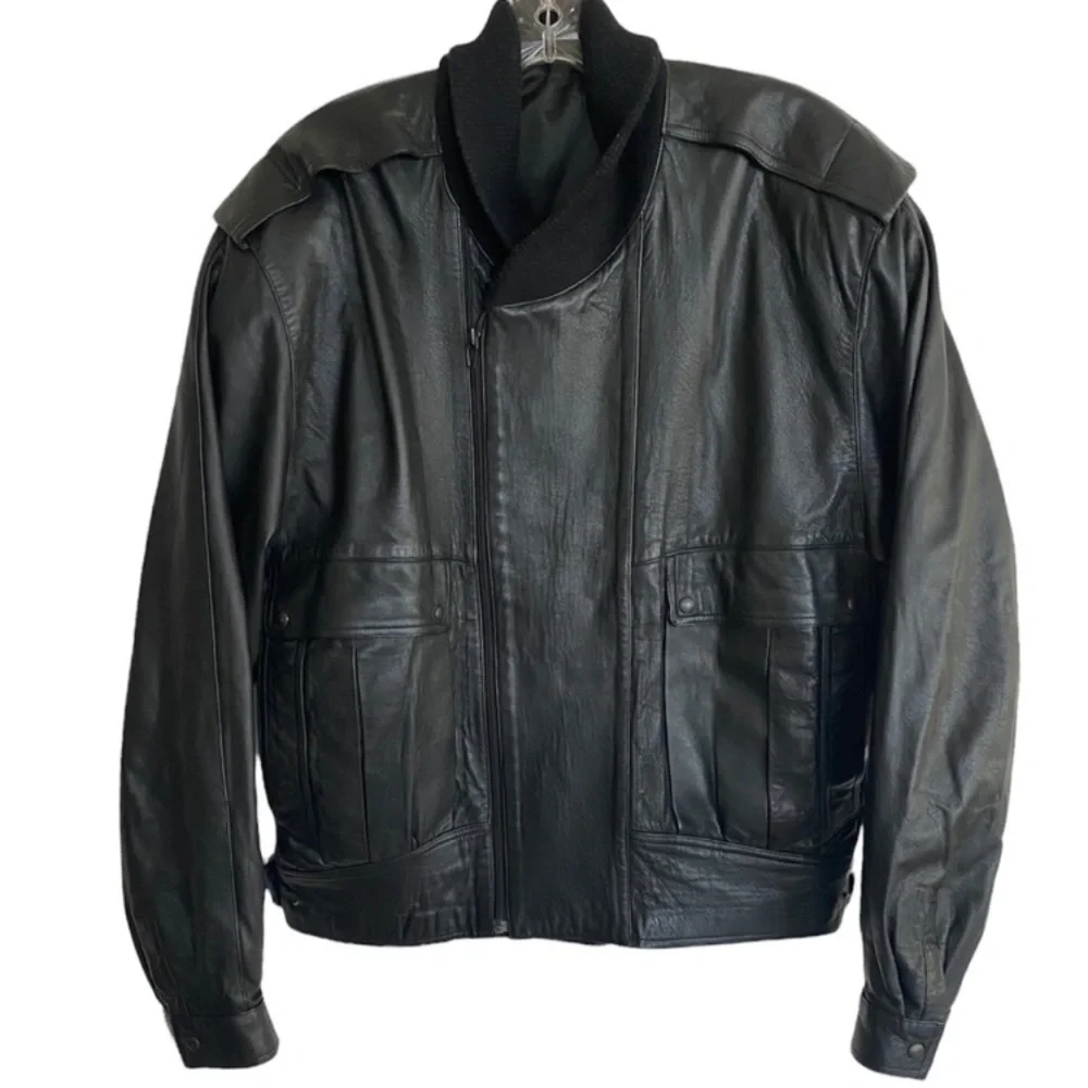 Vintage Italian Leather Jacket Moto Biker Bomber Aviator Coat 80’s Retro Black